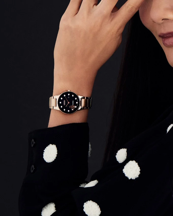 Citizen Mickey Mouse Ladies Eco-Drive Rose Gold Black Dial Watch